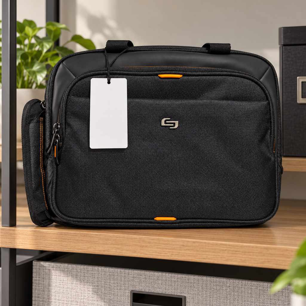 AI-generated lifestyle scene of the closed black Solo New York Ace briefcase with orange accents in an office shelf setting. Props not included; tag shown from reverse.