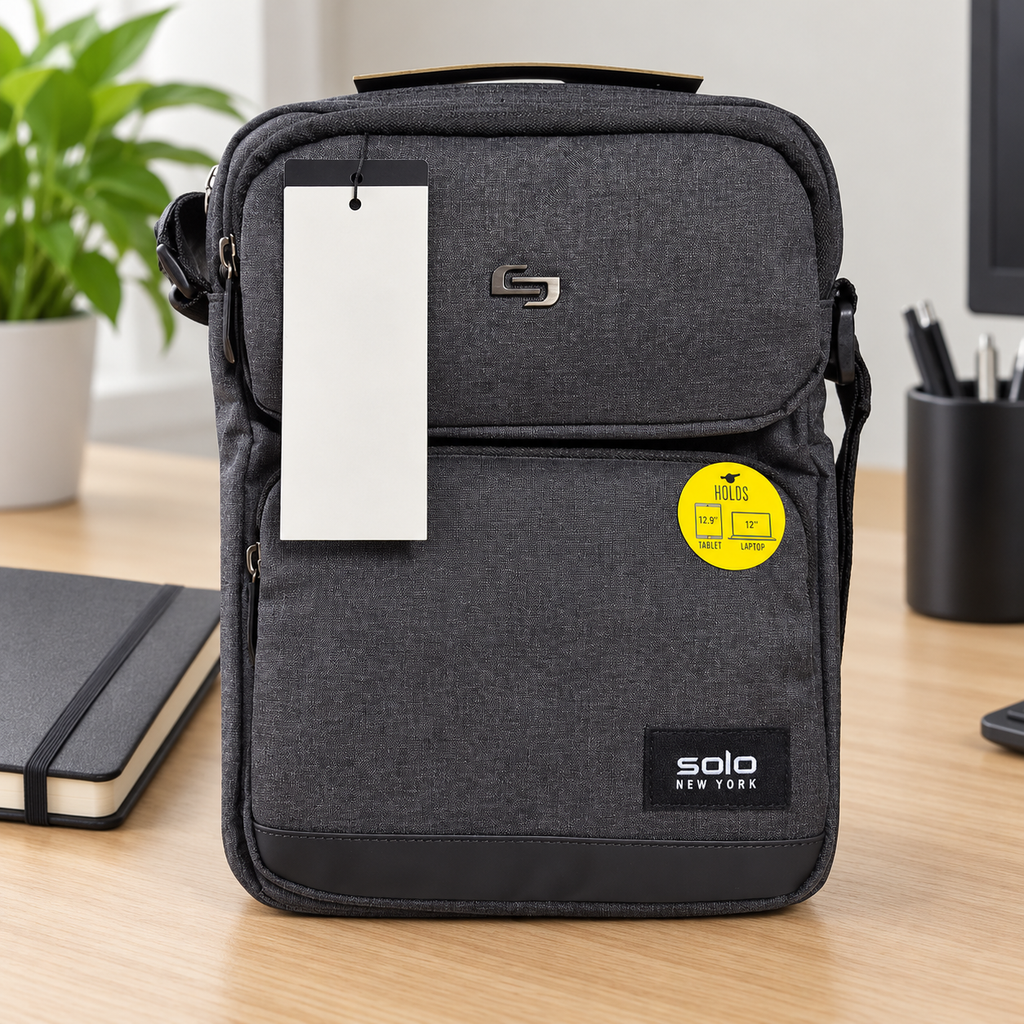 AI-generated lifestyle scene of the closed gray Solo New York Ludlow tablet sling on an office desk. Props not included; hangtag shown from reverse.