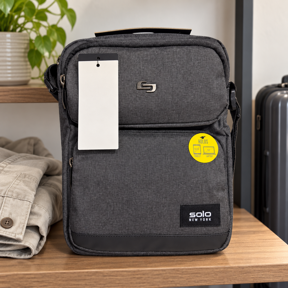 AI-generated lifestyle scene of the closed gray Solo New York Ludlow tablet sling on a travel shelf. Props not included; hangtag shown from reverse.