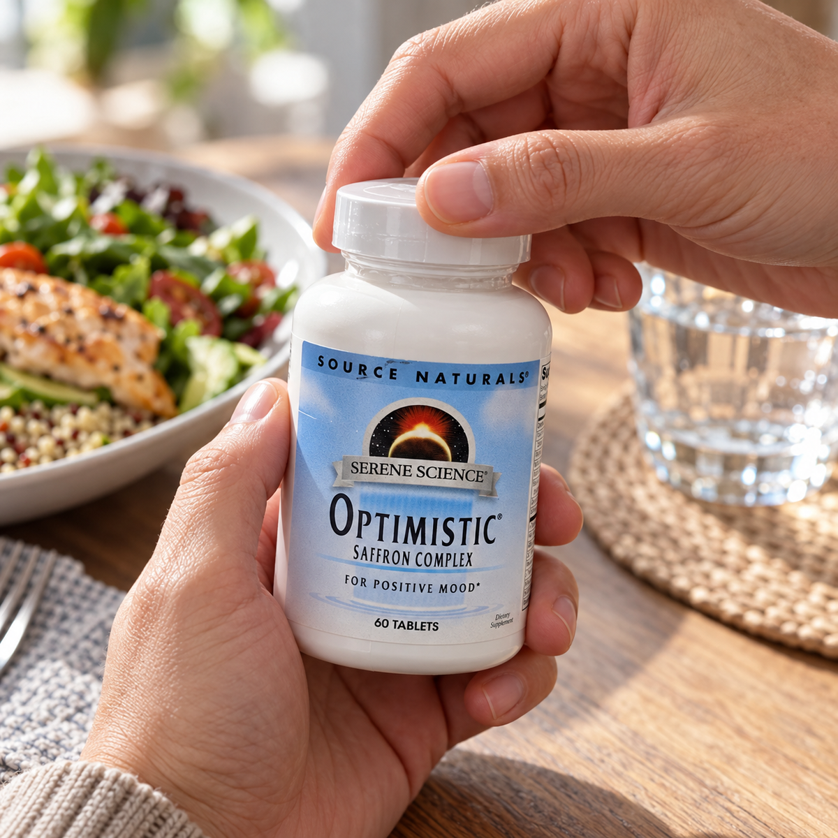 Adult hands opening a Source Naturals Optimistic bottle at a dining table