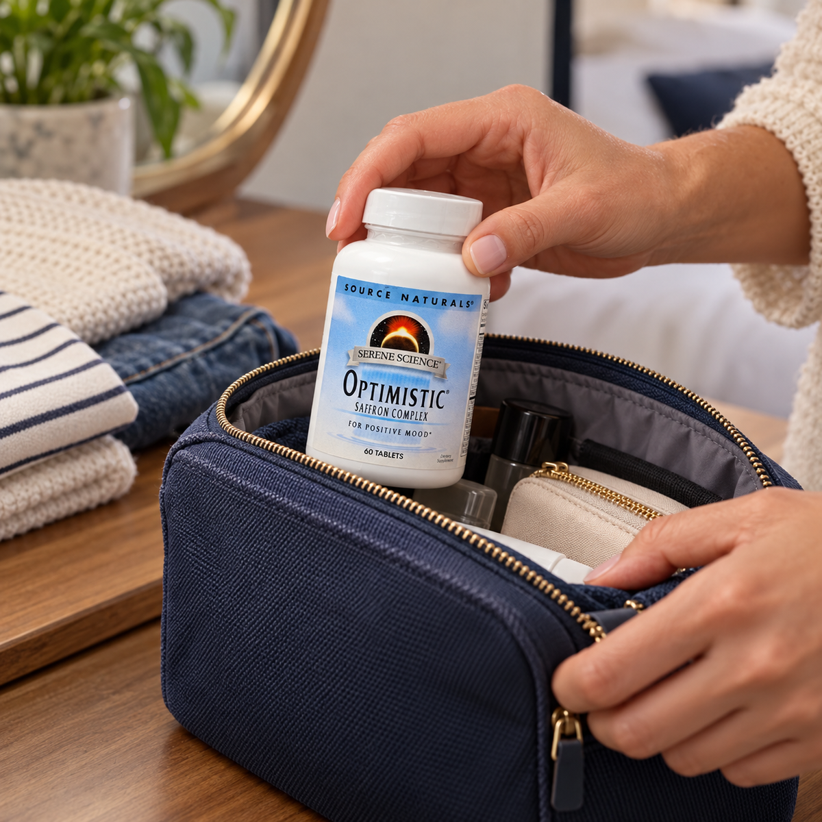 Source Naturals Optimistic bottle being packed in a travel pouch