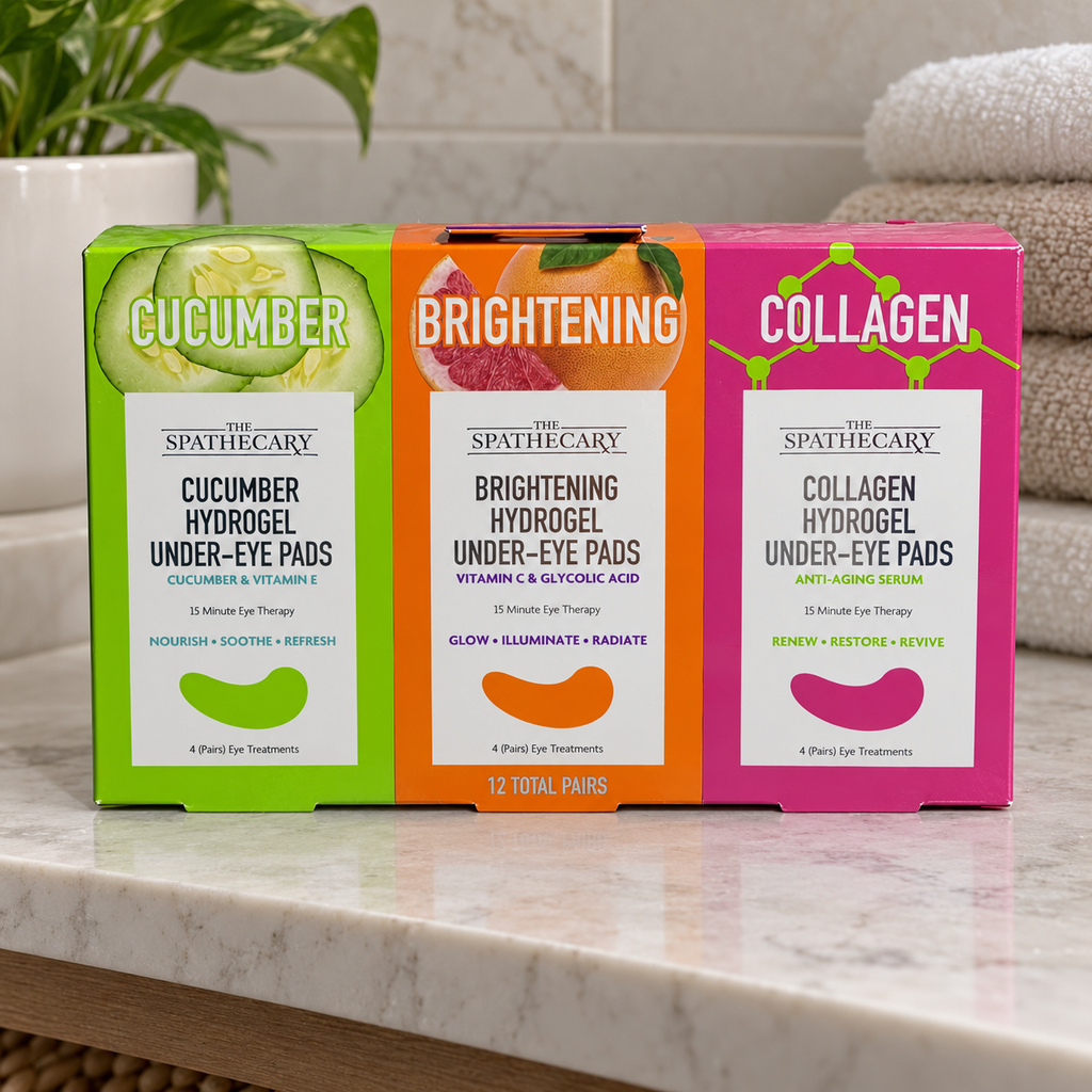 AI-generated lifestyle scene of one closed Spathecary 12-pair cucumber, brightening and collagen under-eye pad variety package in a bathroom shelf setting. Props not included.