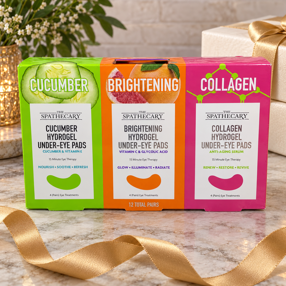 AI-generated lifestyle scene of one closed Spathecary 12-pair cucumber, brightening and collagen under-eye pad variety package in a gift display setting. Props not included.