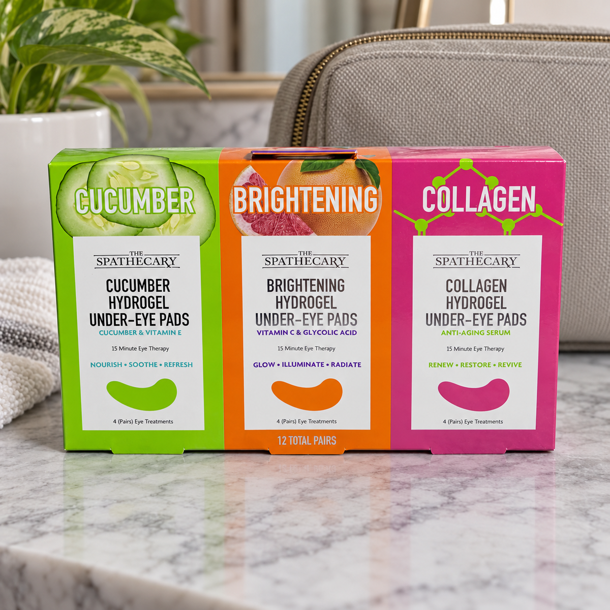 AI-generated lifestyle scene of one closed Spathecary 12-pair cucumber, brightening and collagen under-eye pad variety package in a travel preparation setting. Props not included.