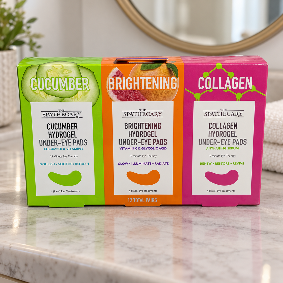 AI-generated lifestyle scene of one closed Spathecary 12-pair cucumber, brightening and collagen under-eye pad variety package in a vanity table setting. Props not included.