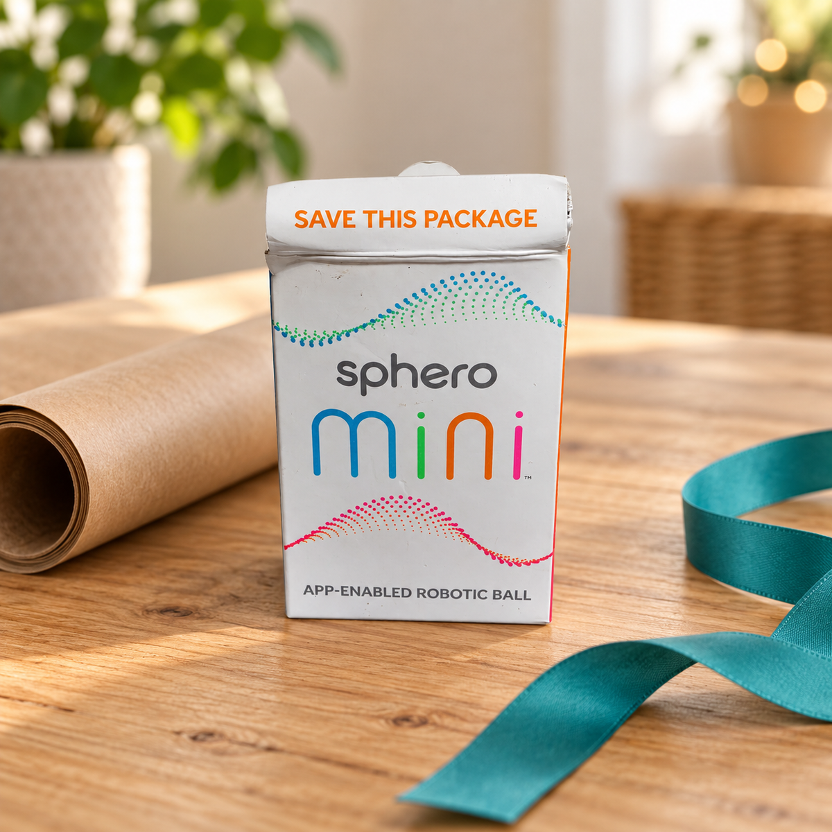 Sphero Mini retail box beside kraft wrapping paper and teal ribbon.
