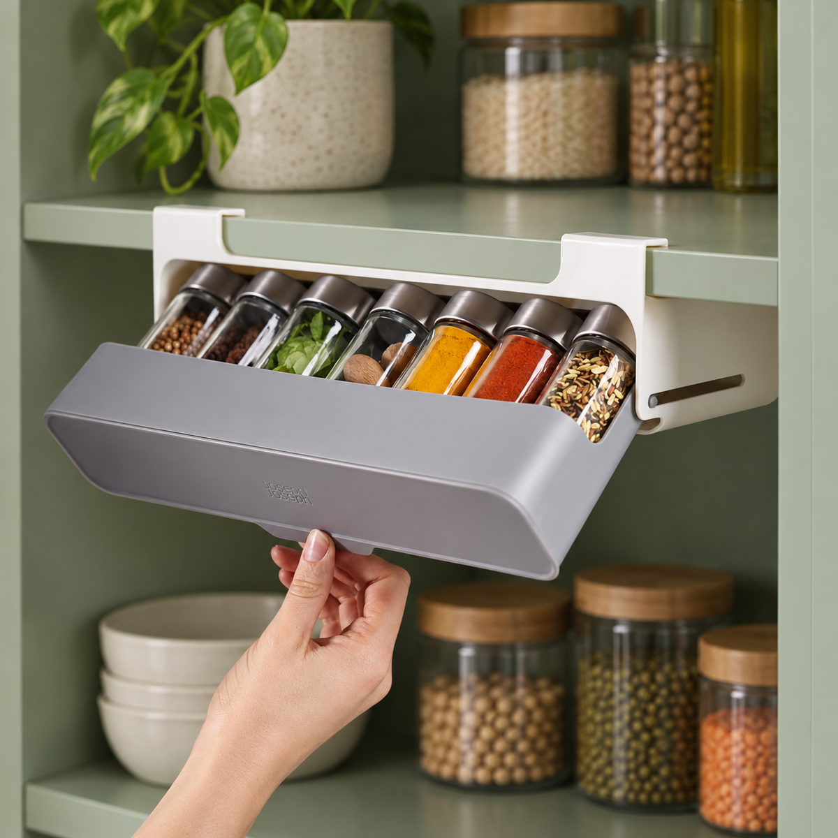 CupboardStore spice rack pulled open beneath a shelf; jars not included