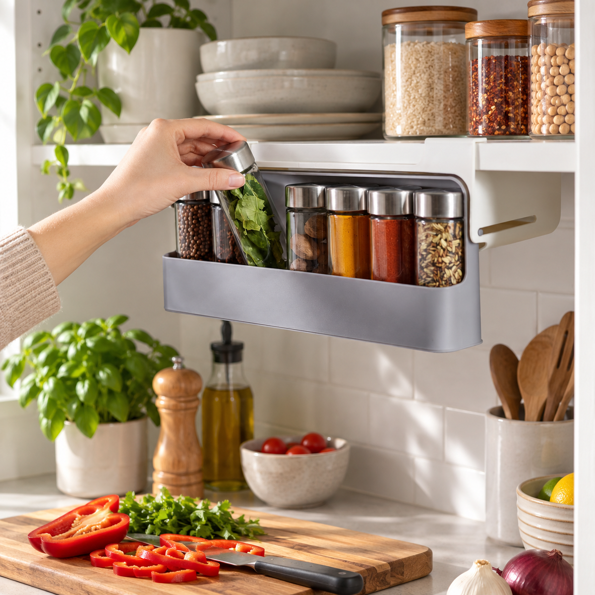 Selecting a spice jar from the CupboardStore rack; jars not included