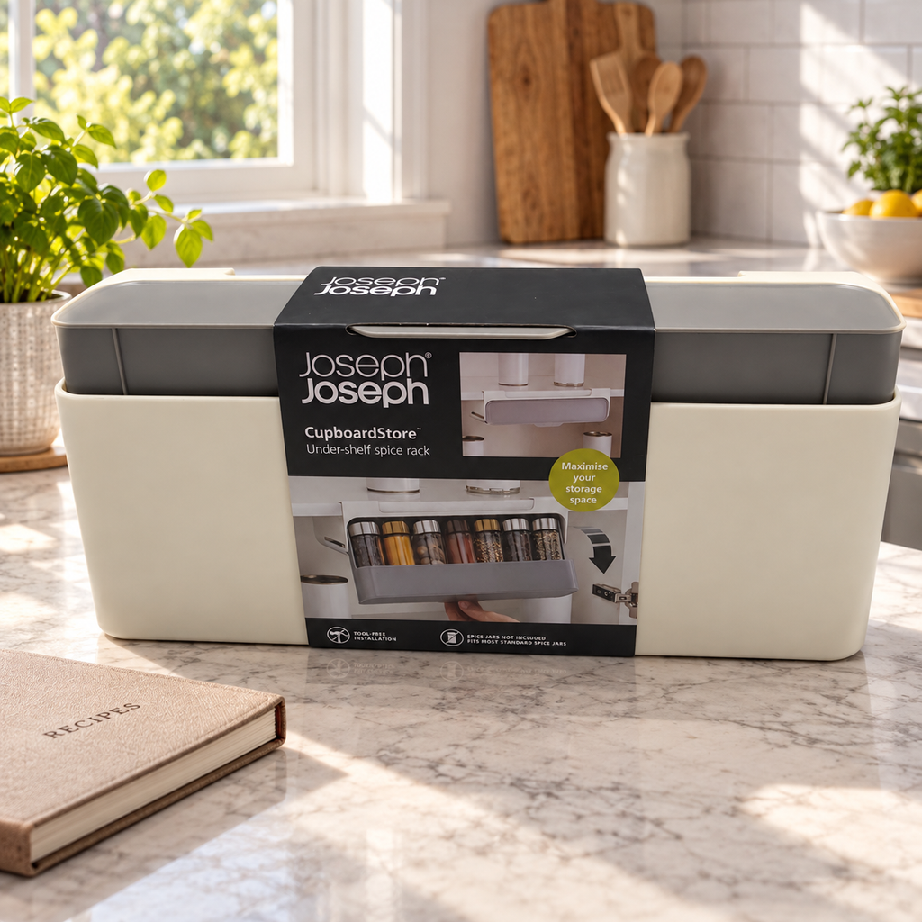 CupboardStore spice rack in its original sleeve on a kitchen counter