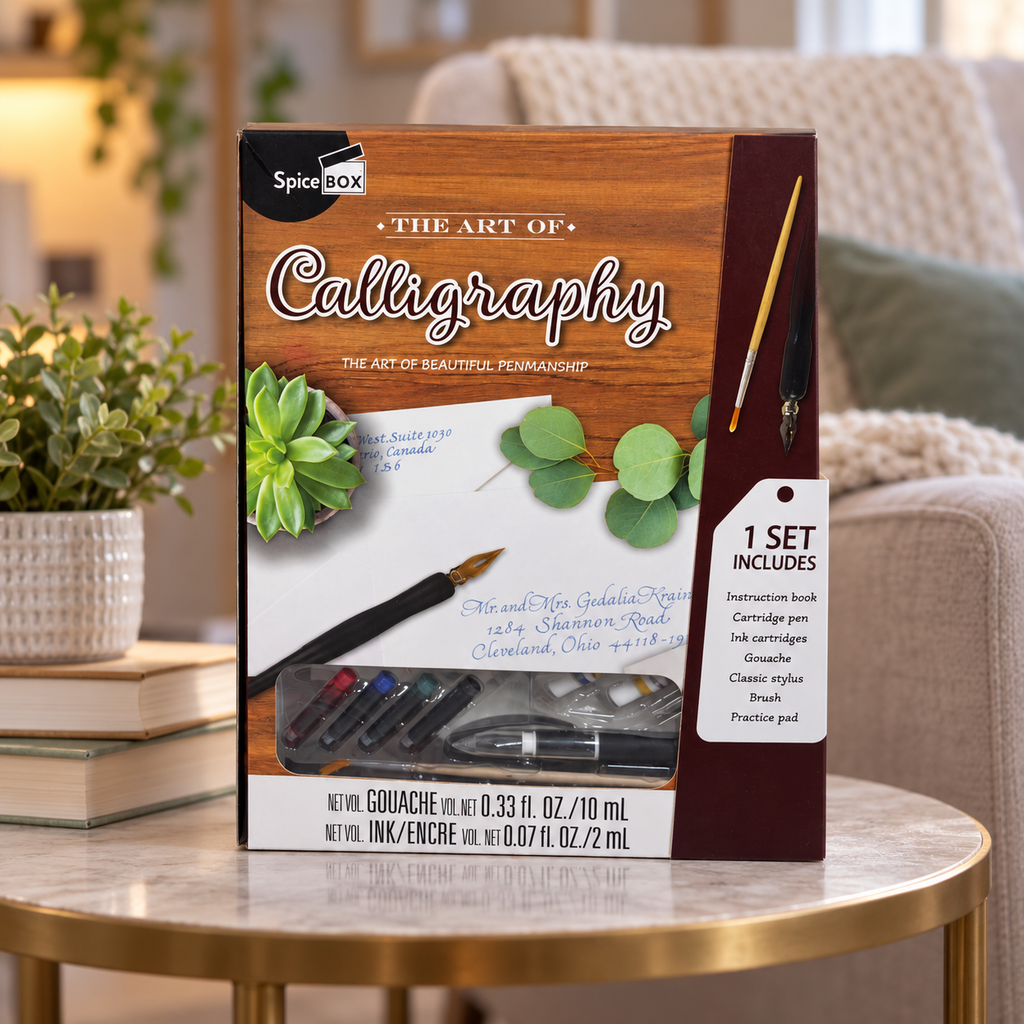AI-generated lifestyle scene of one closed SpiceBox The Art of Calligraphy kit in a creative nook setting. Background props not included.