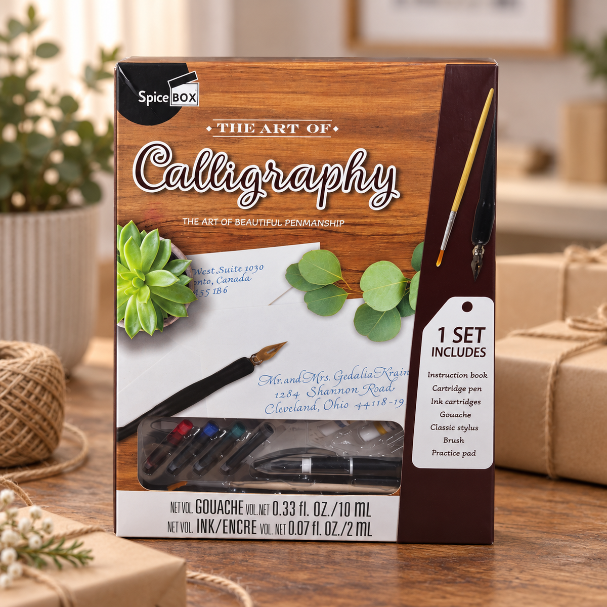 AI-generated lifestyle scene of one closed SpiceBox The Art of Calligraphy kit in a gift desk setting. Background props not included.