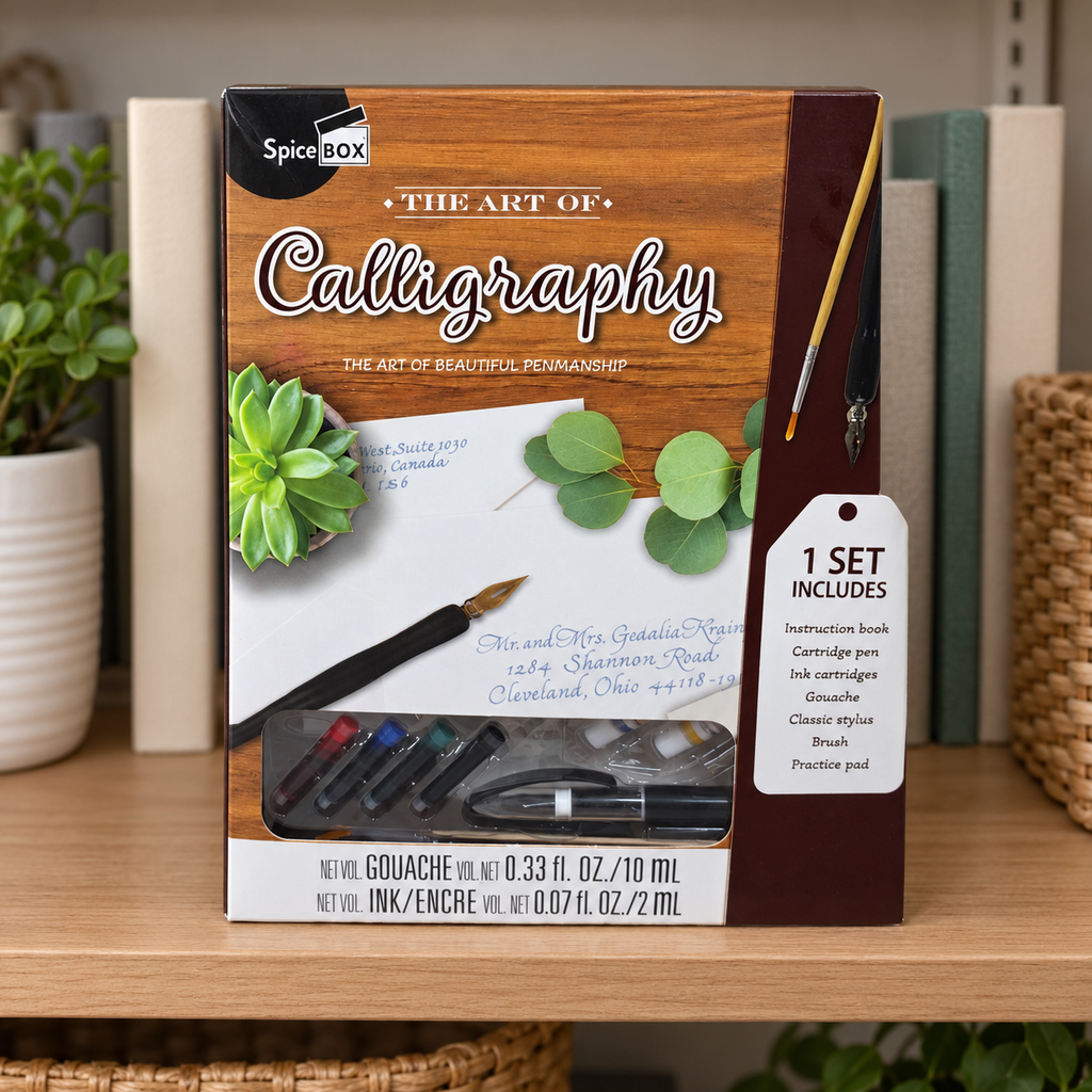 AI-generated lifestyle scene of one closed SpiceBox The Art of Calligraphy kit in a hobby shelf setting. Background props not included.