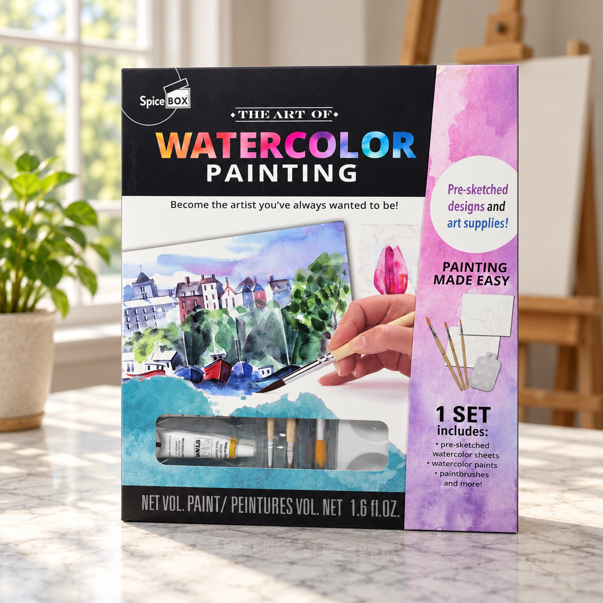 AI-generated lifestyle scene of one closed SpiceBox The Art of Watercolor Painting kit in a bright studio setting. Background props not included.