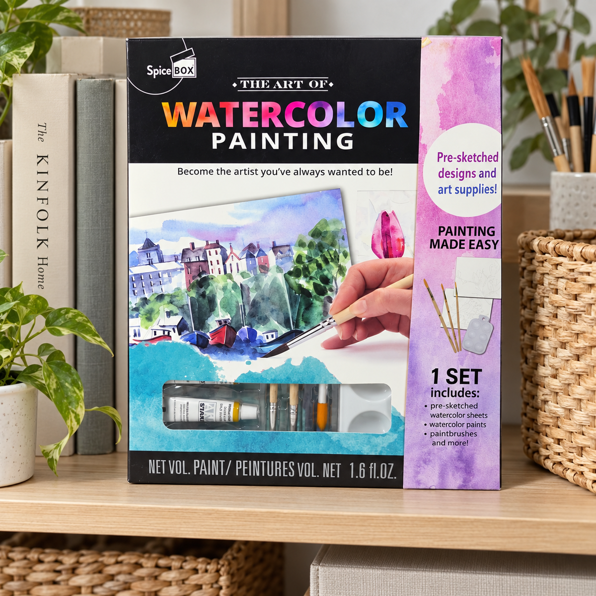 AI-generated lifestyle scene of one closed SpiceBox The Art of Watercolor Painting kit in a hobby shelf setting. Background props not included.