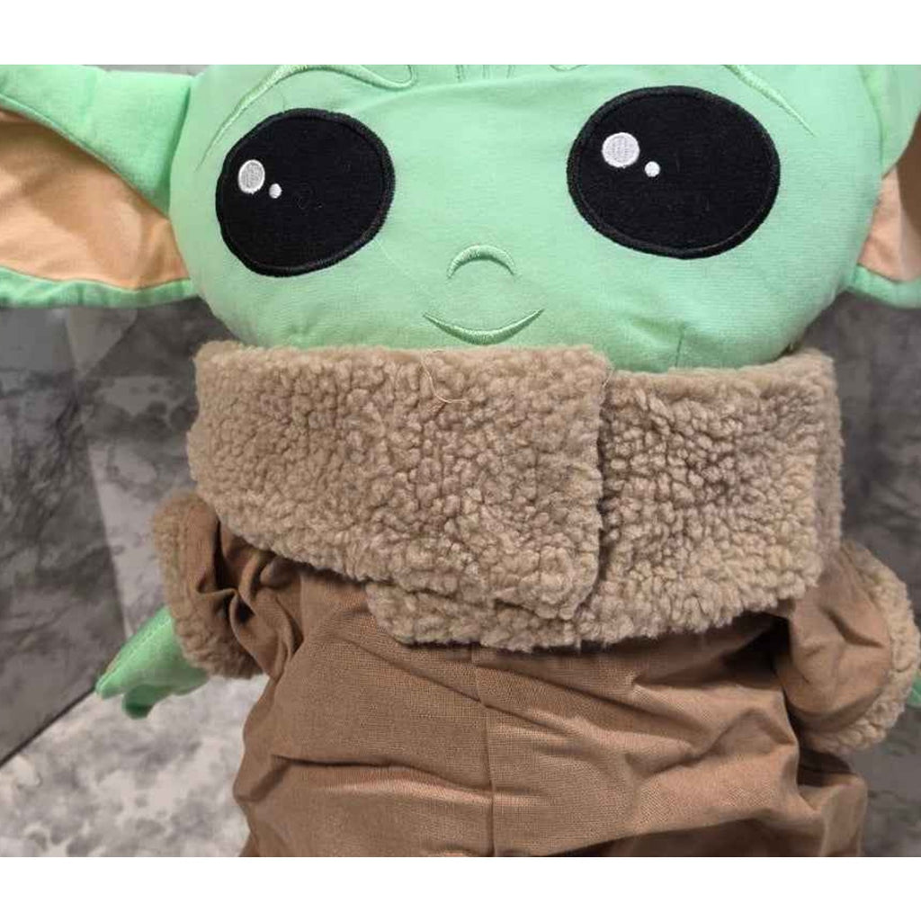 Actual photo detail of Star Wars Mandalorian Grogu plush brown robe and sherpa style collar