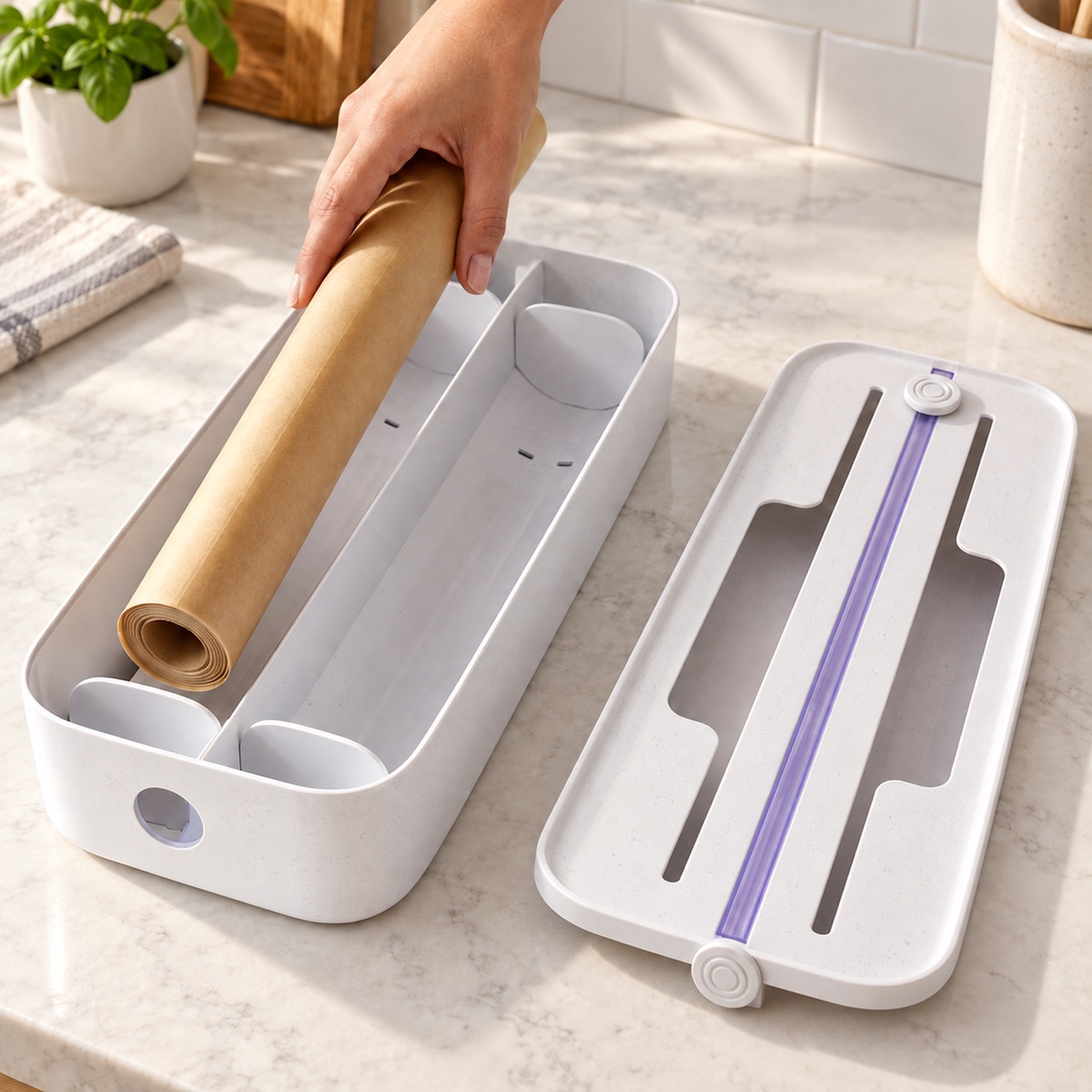 Hand demonstrating how to load a parchment roll into the YouCopia StoraRoll, with its removable lid beside it.