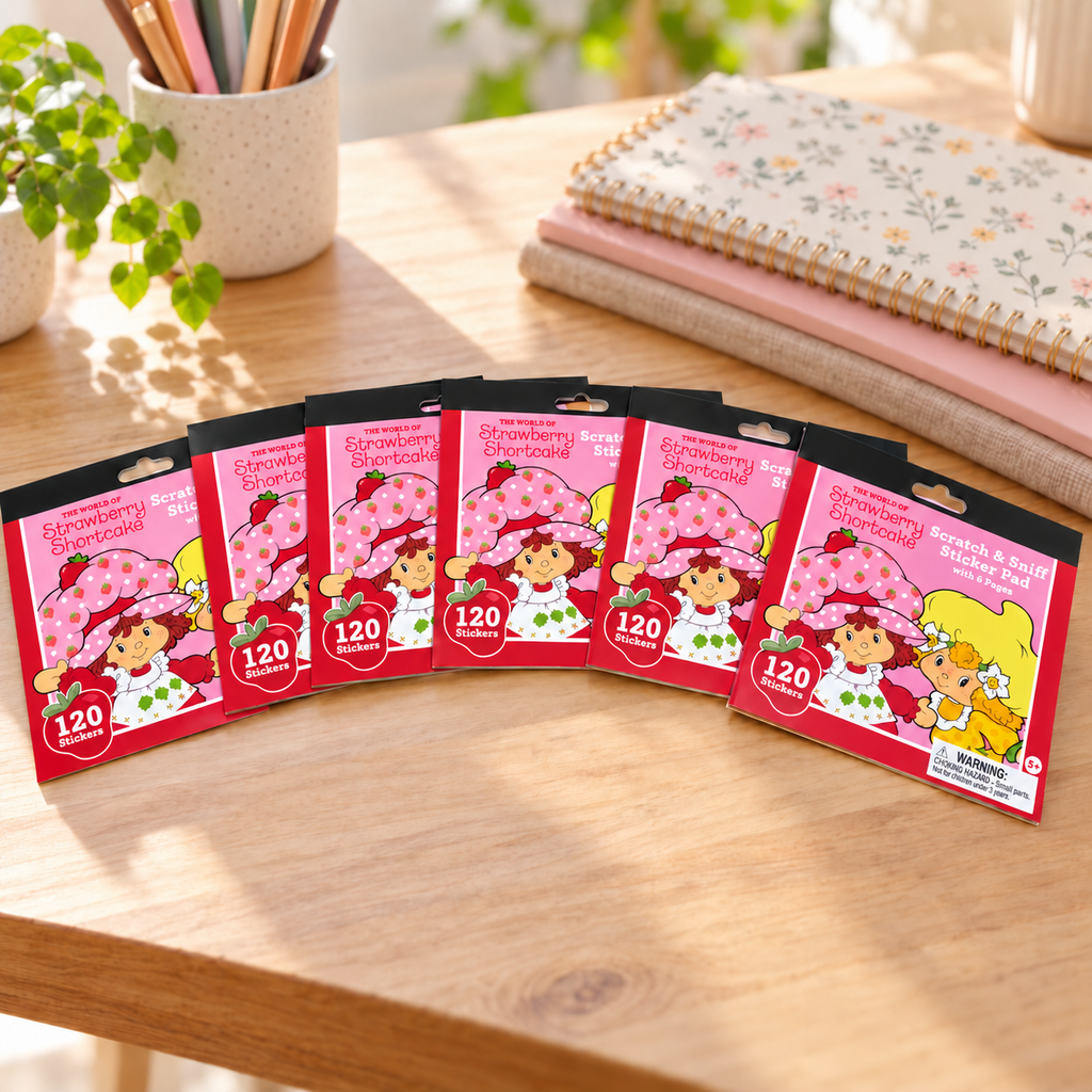 AI-generated lifestyle scene showing six closed Strawberry Shortcake scratch-and-sniff sticker pads,120 stickers per pad, on a craft desk. Props not included.