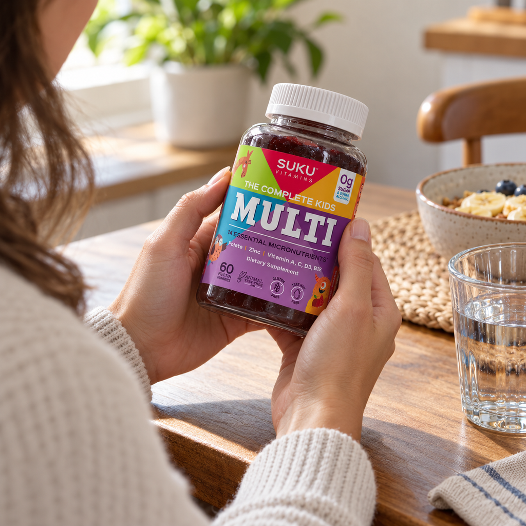 Adult reviewing SUKU Kids Multi bottle at the breakfast table
