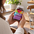 Adult reviewing SUKU Kids Multi bottle at the breakfast table