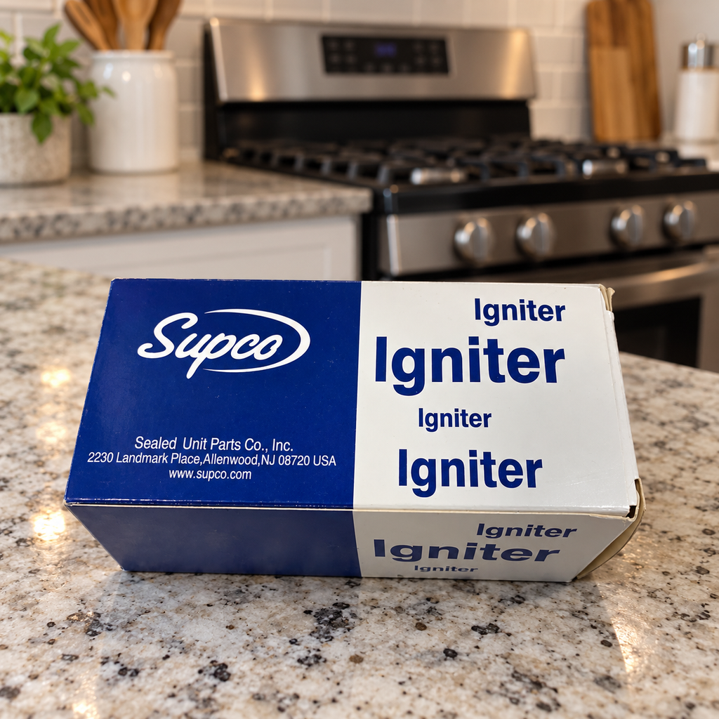 Supco igniter box on a kitchen counter near a closed gas range