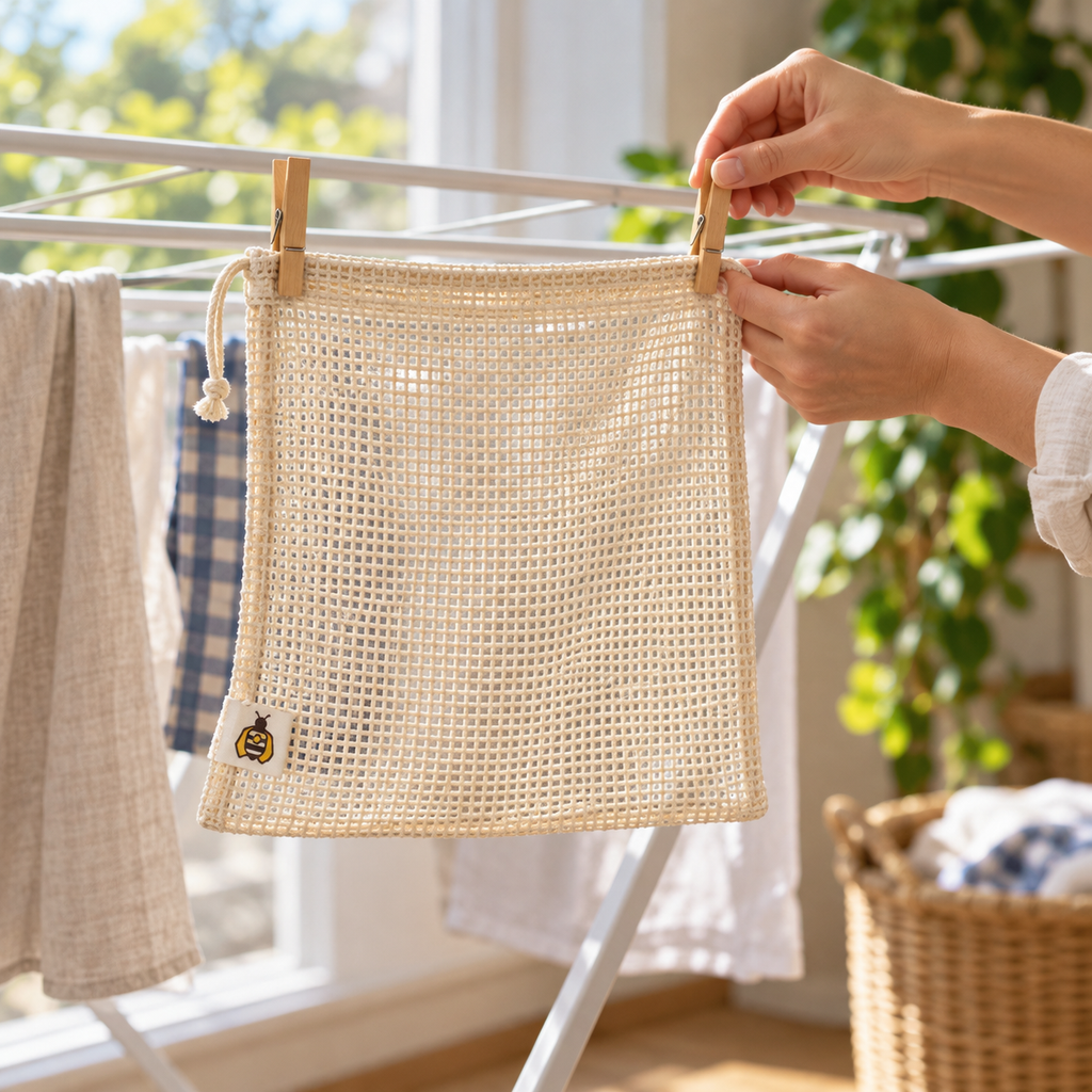 AI-generated illustration of a SuperBee mesh drawstring bag hanging on a drying rack.