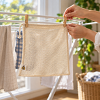 AI-generated illustration of a SuperBee mesh drawstring bag hanging on a drying rack.