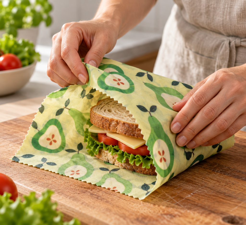 AI-generated lifestyle illustration: Hands folding a green pear-print SuperBee wrap around a vegetarian sandwich; food and props not included.