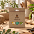 AI-generated lifestyle illustration of one closed SuperBee Small Triple Pack wax wrap package in a gift table setting. Background props not included.