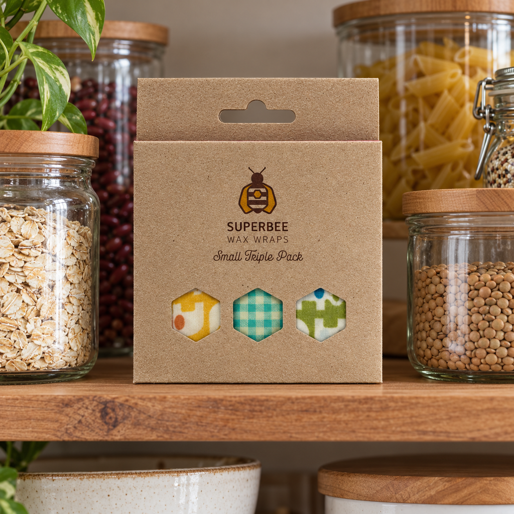 AI-generated lifestyle illustration of one closed SuperBee Small Triple Pack wax wrap package in a pantry shelf setting. Background props not included.