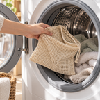 AI-generated illustration of a SuperBee mesh drawstring bag being placed in a washing machine.