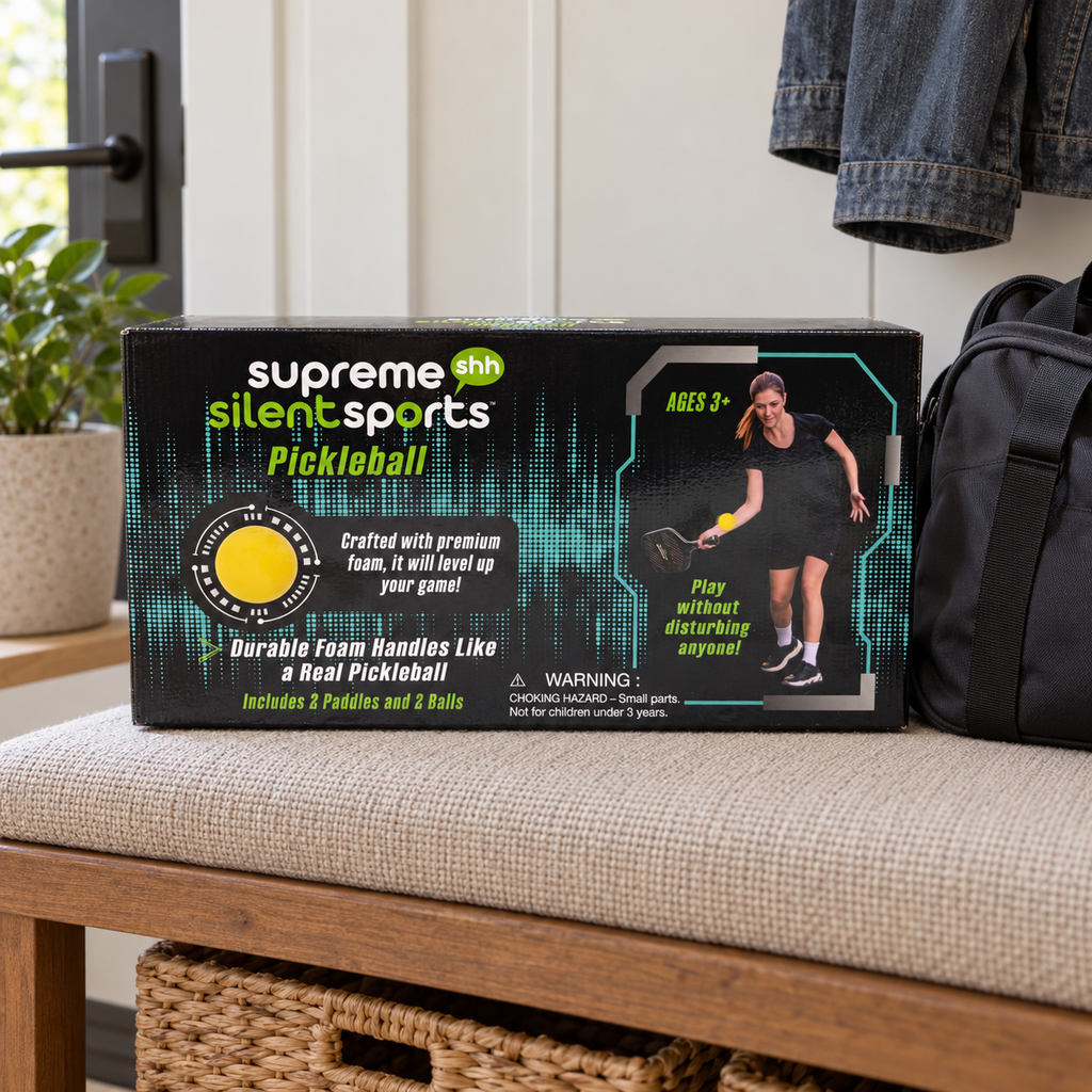AI-generated lifestyle illustration of one closed Supreme Silent Sports Pickleball set box in a entry bench setting. Background props not included.