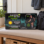 AI-generated lifestyle illustration of one closed Supreme Silent Sports Pickleball set box in a entry bench setting. Background props not included.