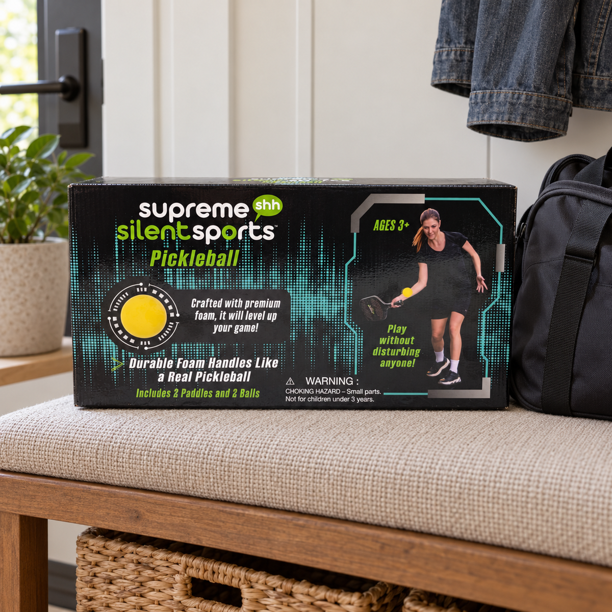 AI-generated lifestyle illustration of one closed Supreme Silent Sports Pickleball set box in a entry bench setting. Background props not included.