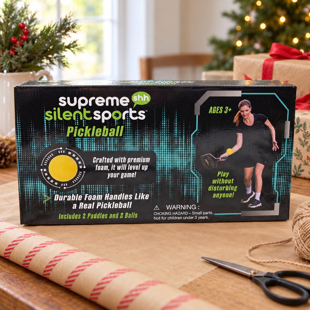 AI-generated lifestyle illustration of one closed Supreme Silent Sports Pickleball set box in a gift table setting. Background props not included.
