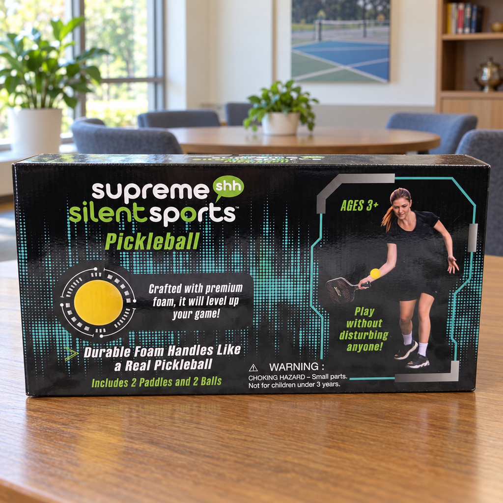 AI-generated lifestyle illustration of one closed Supreme Silent Sports Pickleball set box in a recreation table setting. Background props not included.