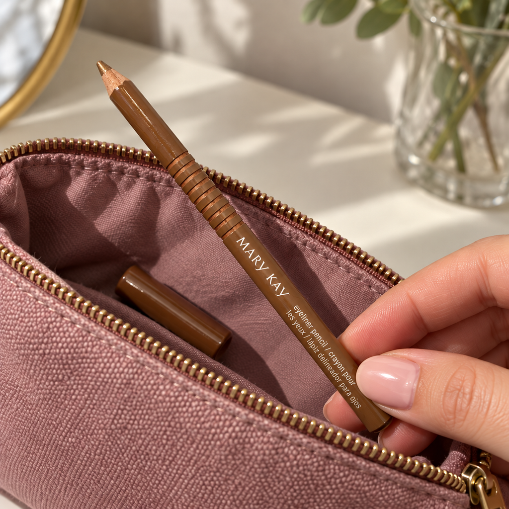 Mary Kay Tahitian Gold wooden eyeliner pencil being lifted from a mauve makeup pouch