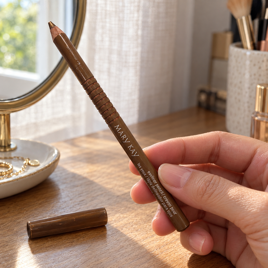 Mary Kay Tahitian Gold eyeliner pencil held at a sunlit vanity with its matching brown cap