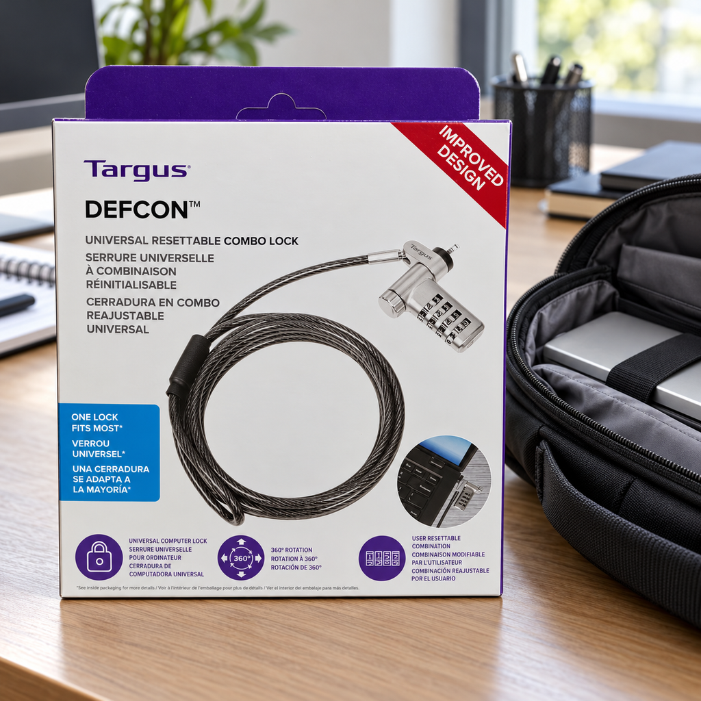 AI-generated lifestyle illustration of the closed Targus DEFCON retail box beside an office bag; devices and background props not included.