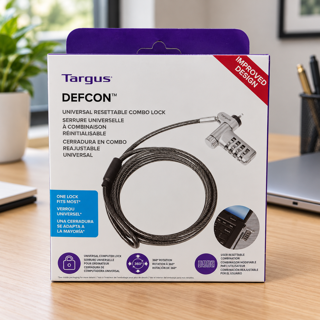AI-generated lifestyle illustration of the closed Targus DEFCON retail box on an office desk; devices and background props not included.