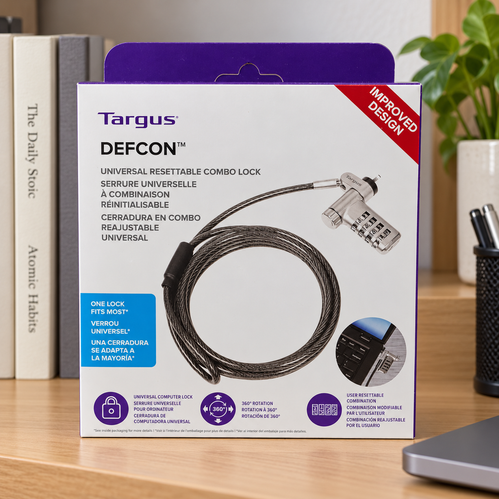 AI-generated lifestyle illustration of the closed Targus DEFCON retail box on a study shelf; devices and background props not included.