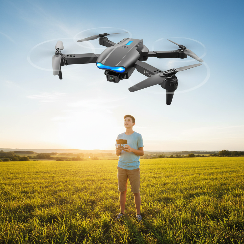 Teen controlling light grey drone outdoors
