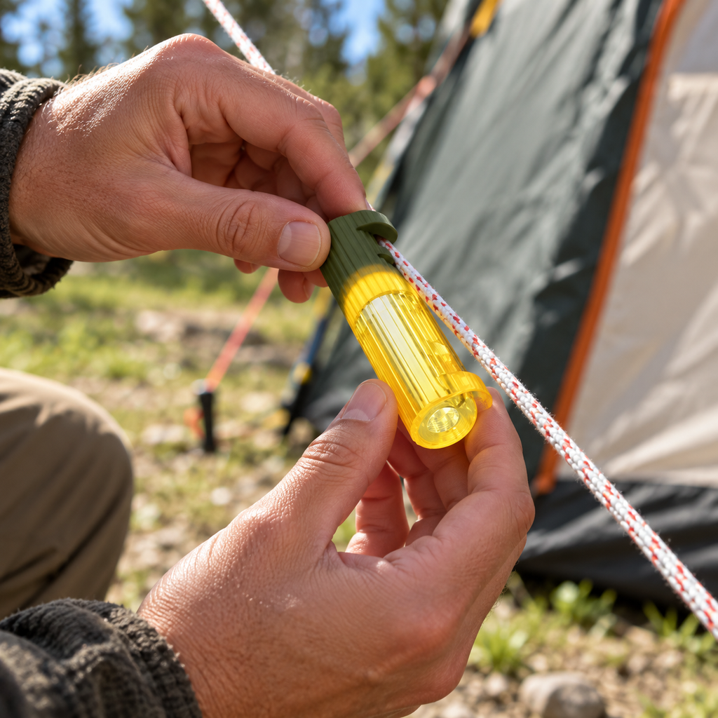 Clipping a TentBrightz light onto a tent guyline