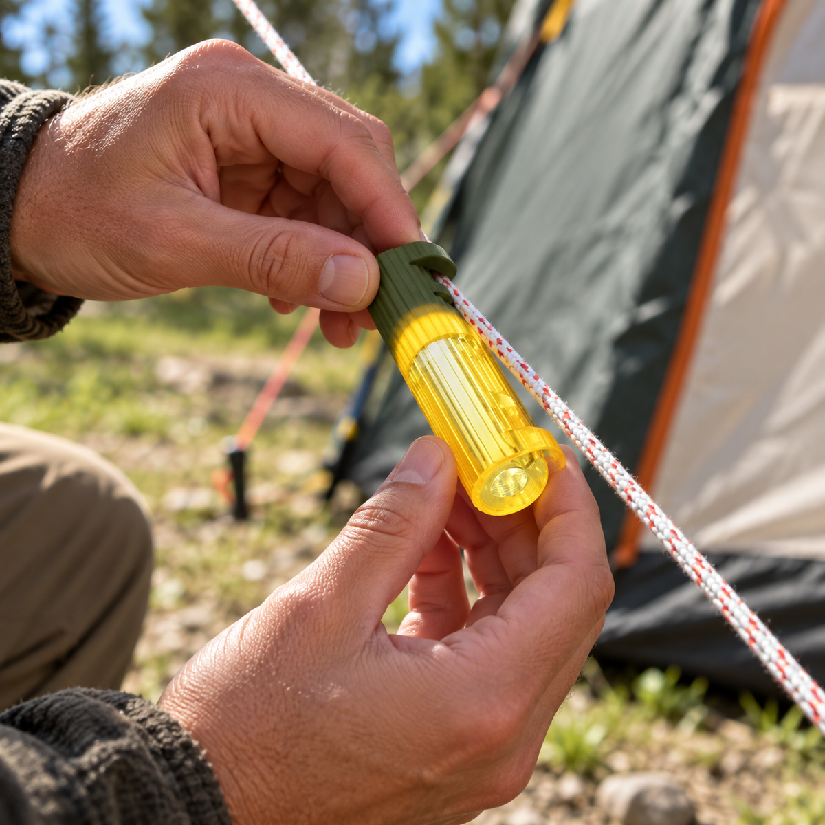Clipping a TentBrightz light onto a tent guyline