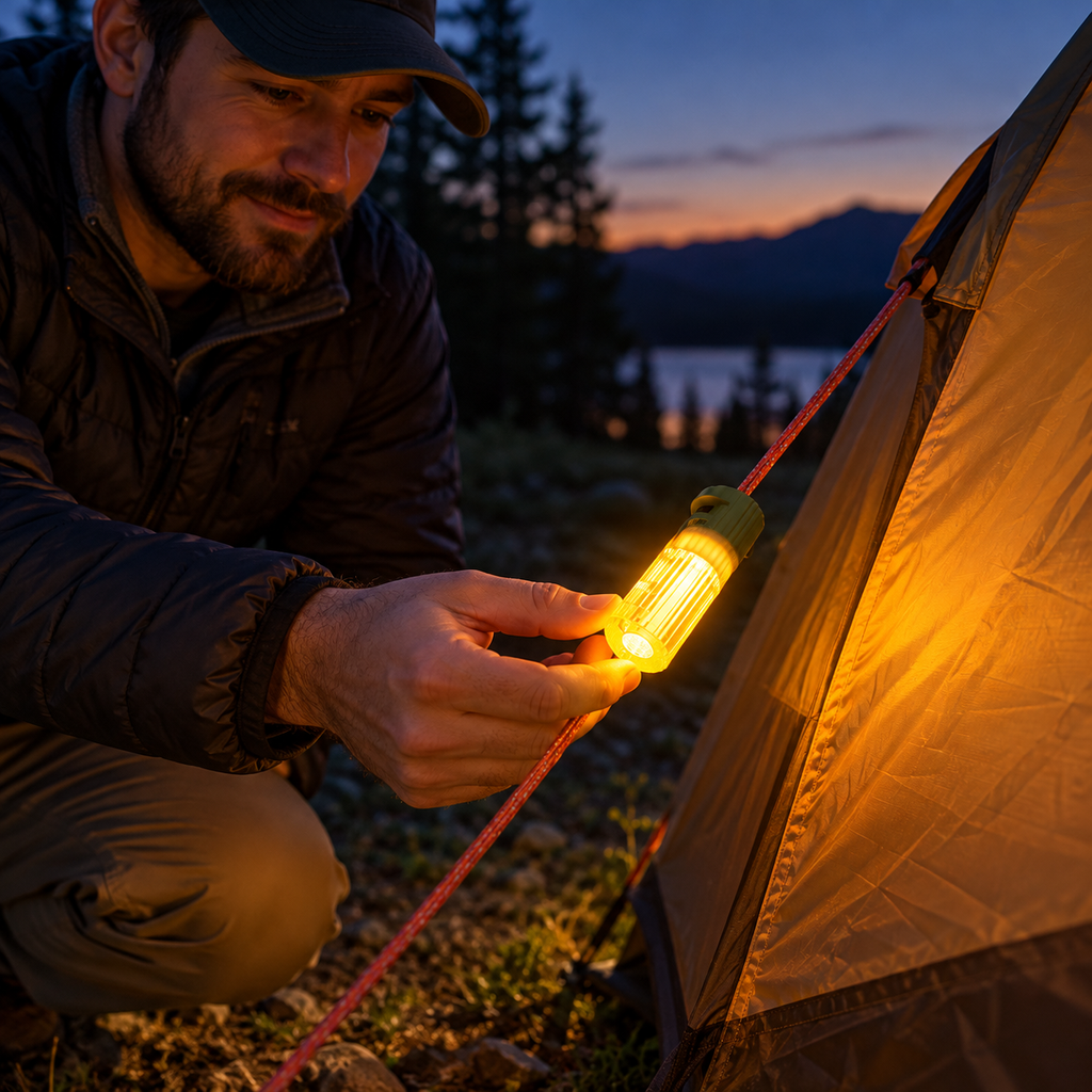 Checking a glowing TentBrightz guyline light at dusk