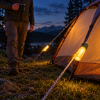 TentBrightz lights marking tent guylines at an evening campsite