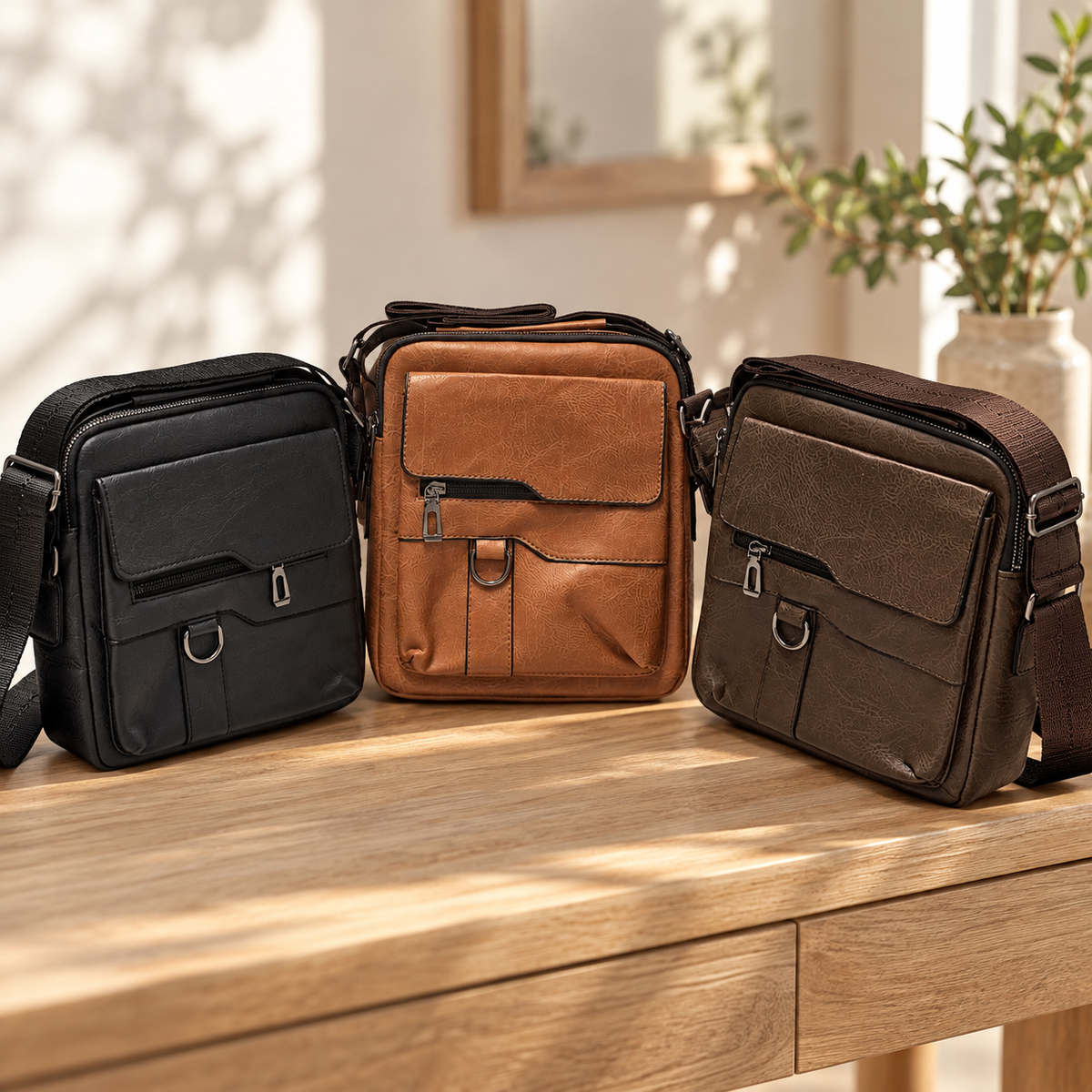 Black, Khaki and Dark Brown textured crossbody bags displayed on an entryway console