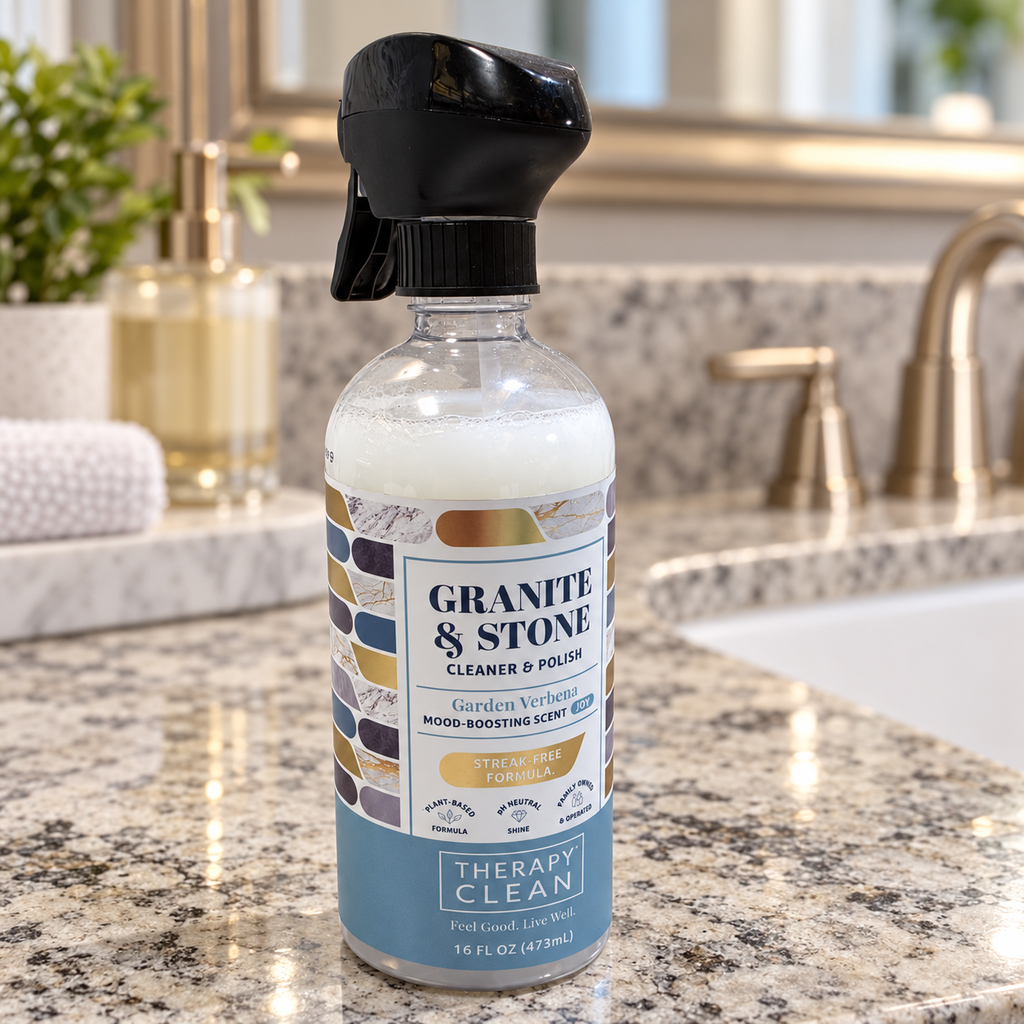 AI-generated lifestyle scene of one Therapy Clean Granite & Stone Garden Verbena 16 fl oz trigger bottle in a bath vanity setting. Props not included.