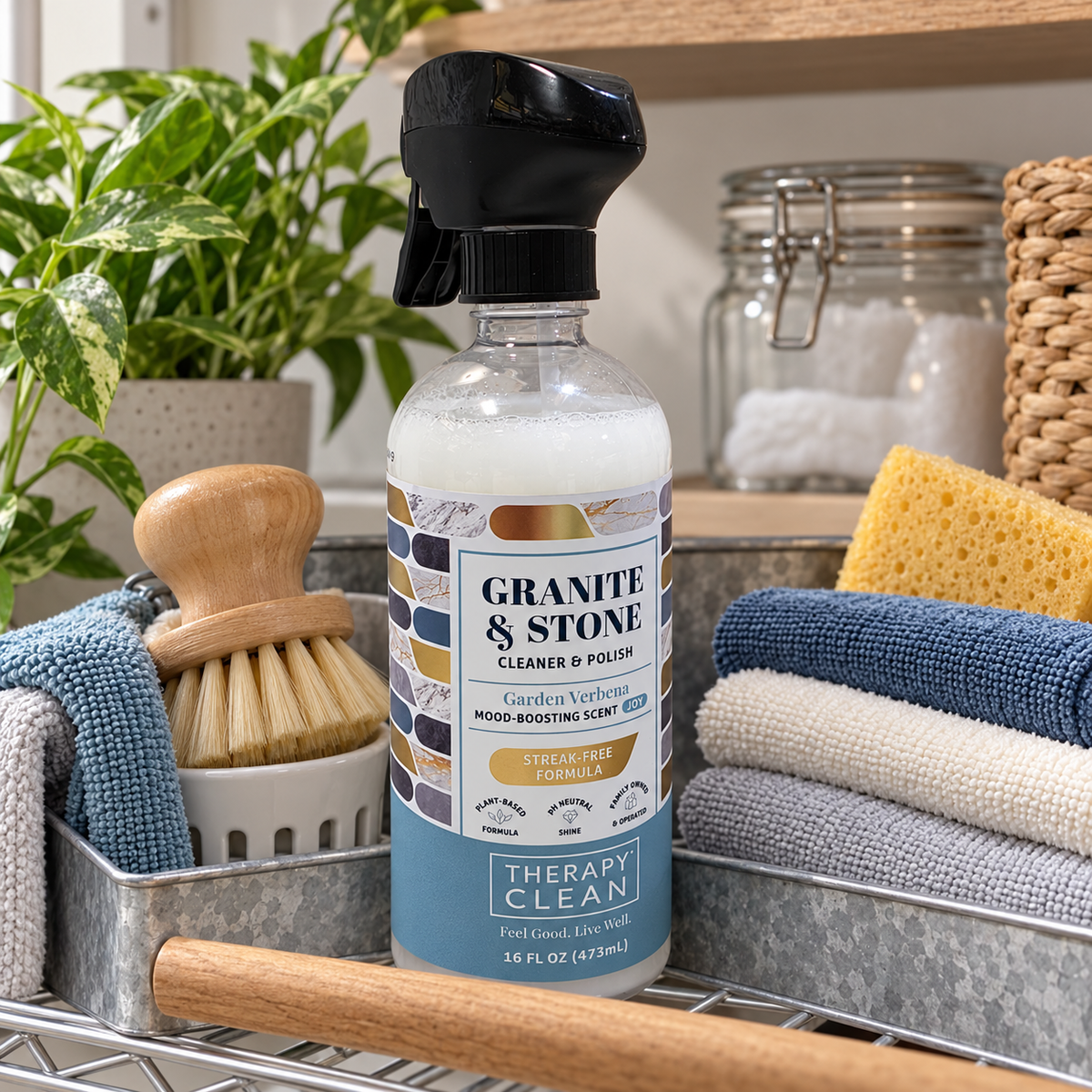AI-generated lifestyle scene of one Therapy Clean Granite & Stone Garden Verbena 16 fl oz trigger bottle in a cleaning caddy setting. Props not included.