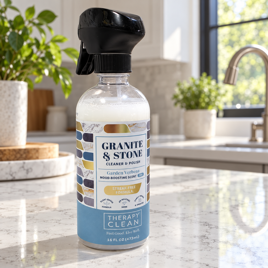 AI-generated lifestyle scene of one Therapy Clean Granite & Stone Garden Verbena 16 fl oz trigger bottle in a quartz island setting. Props not included.
