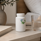 Neutral supplement routine lifestyle image with water and book